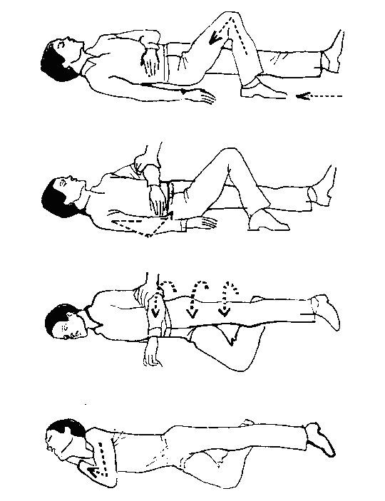 Postup při ukládání do stabilizované polohy (obr.č.4) Dále kontrolujeme stav dýchání, přítomnost a kvalitu tepu.