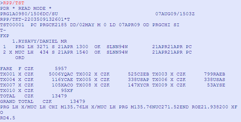 RPP/TST Zpět do past date rezervace se vrátíme vstupem RPP. Odeslání zobrazeného P.D. PNR do queue Máme-li na obrazovce zobrazený PDR, do queue si jej můžeme odeslat vstupem: RPDQ RPDQ96C29 odeslat P.