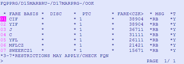 FARE QUOTE PRICE - FQP HE FQP FQP je informativní ocenění před tvorbou rezervace.