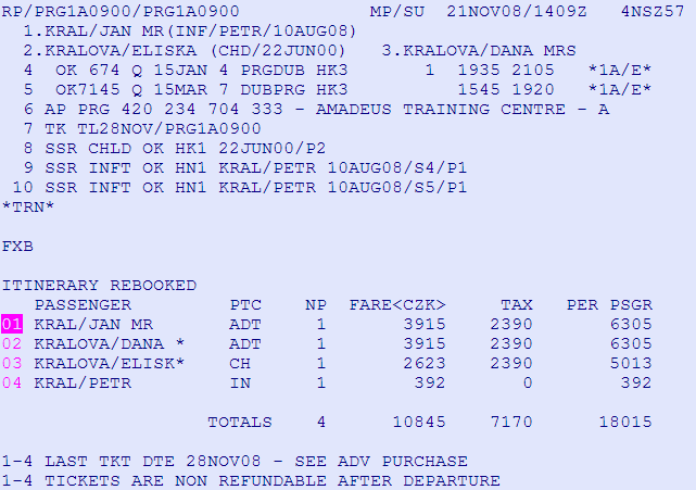 Ocenění PNR s různými typy cestujících např.