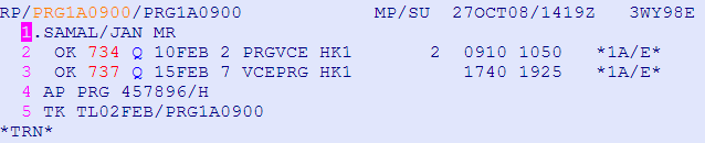 KUMULACE PRVKŮ PNR Zkušenější a zručnější agenti mohou při tvorbě PNR použít kumulace, kdy vlastně třemi vstupy mohou uložit rezervaci. 1. zobrazíme si availabilitu 2. provedeme prodej míst 3.