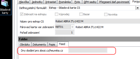 3.7 Údaje pro zbozi.cz a heureku.cz ABRA e-shop podporuje generování feedu pro www.zbozi.cz a www.heureka.cz. Generování feedu je standardní součástí instalace e-eshopu.