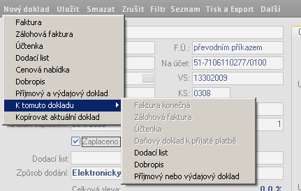 Vytvoření vystaveného dokladu k aktuální objednávce K objednávce lze automaticky vytvořit vystavený doklad a to zálohová faktura, faktura, účtenka nebo dodací list.