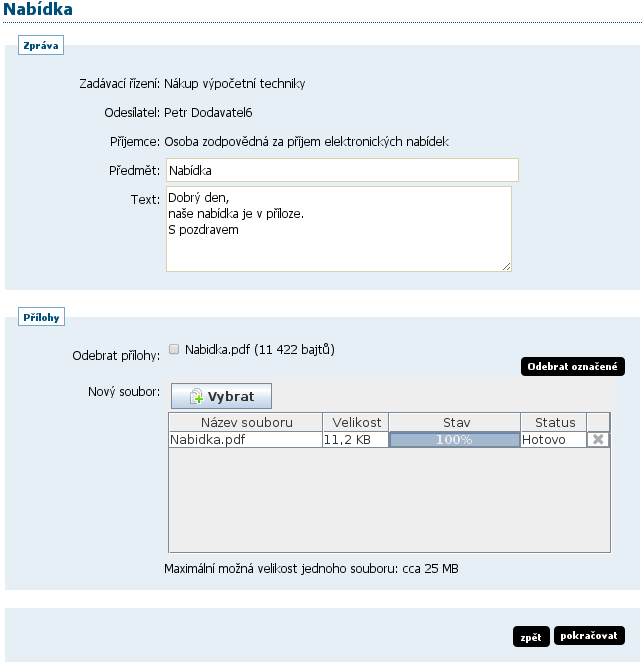 Obrázek 48: Formulář pro sestavení nabídky Na stránce Nabídka vyplňte Předmět, Text a případně přiložte soubory pomocí tlačítka +Vybrat.