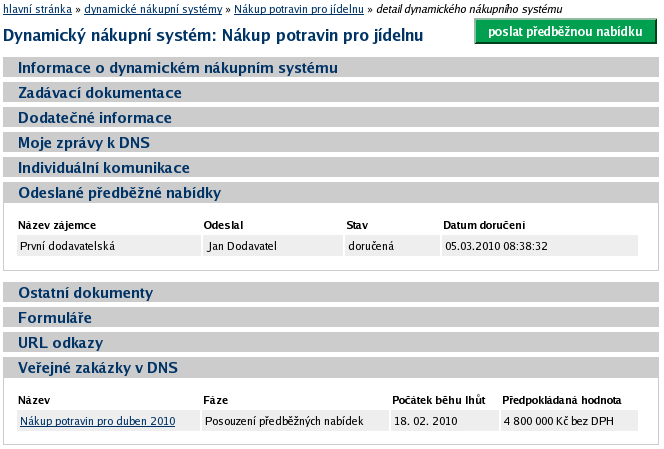 Obrázek 52: Detail dynamického nákupního systému pro přihlášeného dodavatele Detail dynamického nákupního systému je velmi podobný detailu veřejné zakázky (vizte kapitolu Přehledy a detail veřejných