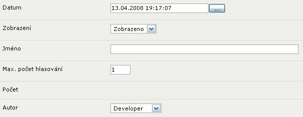 14 Visual PHP - Uživatelská příručka Datum: Do pole datum vložíte datum, odkdy se má anketa zobrazit. Zobrazení: Zde nastavíte, zda chcete anketu veřejně zobrazit nebo ne.