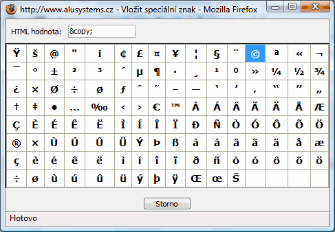 188 Visual PHP - Uživatelská příručka Myší klikněte na požadovaný znak a ten bude přenesen do editoru.