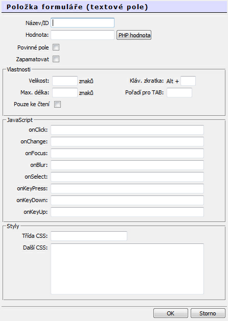 66 Visual PHP - Uživatelská příručka Zde zapíšete Název/ID dle svého uvážení (bez diakritiky), např.jméno.