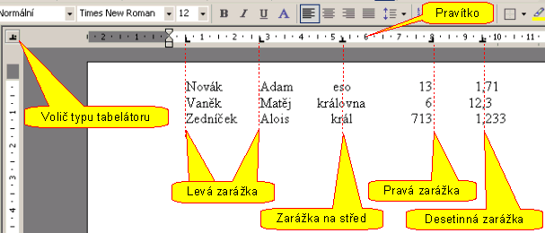 Tabelátory slouží hlavně k zarovnání do sloupců. Práce s tabelátory: 1.