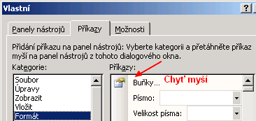 Přizpůsobení vzhledu tabulkového procesoru Nástroje >Vlastní >Možnosti >Individuální volím zobrazení ikon v 1 či 2 řadách, úplných nabídek. Doplnění dalších ikon: tlačítkem (viz obr.