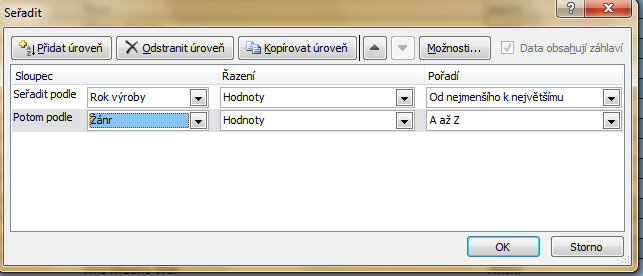 Další nastavení řazení najdete pod tlačítkem Možnosti: Můžete vytvářet víceúrovňové řazení kliknutím