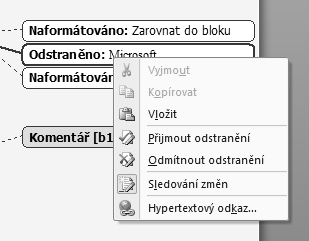 Vložený text Vložený text s poznámkou Vymazané slovo Iniciála autora poznámky Označený řádek se změnou Informace o tom, kdo provedl změnu a jakou (tato informace se zobrazí, pokud na bublině necháme