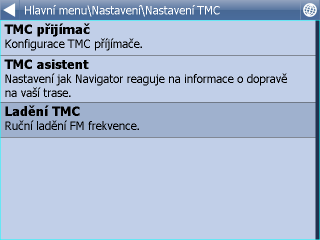 40 Zobrazí se několik možností nastavení GPS, Navigace, Sledovat, Varování alarmu, Aplikace a TMC. 11.