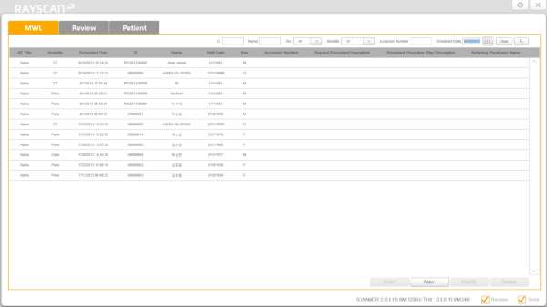 RAYSCAN l Ovládání software 6.2 MWL 6.2.1 MWL(MWL: metodický pracovní seznam) Snímací seznam, tzn. obrazovka snímacího seznamu zobrazená přo volbě MWL záložky na hlavní obrazovce snímacího software.