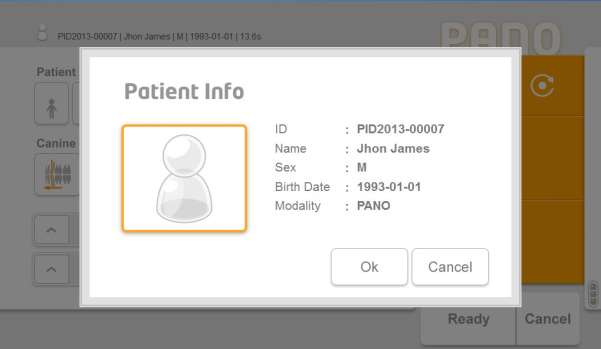 RAYSCAN l Ovládání software 6.5.3 Akvizice Obrazovka S/W zobrazená při kliknutí na tlačítko [Scan] ve skeneru. 6.5.3.1 Informace o pacientovi Obrazovka, která zobrazuje informace o pacientovi, kterému bude pořízen snímek.