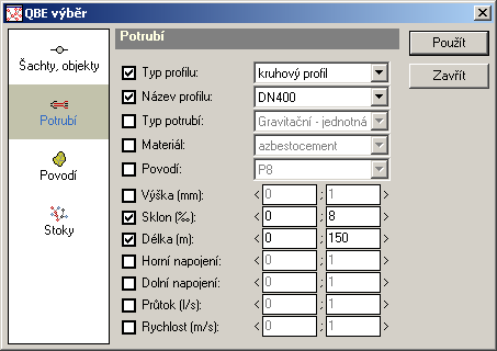 2.1.5.7.2 QBE výběr Potrubí Dialogové okno Potrubí slouží pro výběr potrubí, které splňují zadané parametry. Vybraná potrubí se na obrazovce barevně zvýrazní graficky se vyberou.