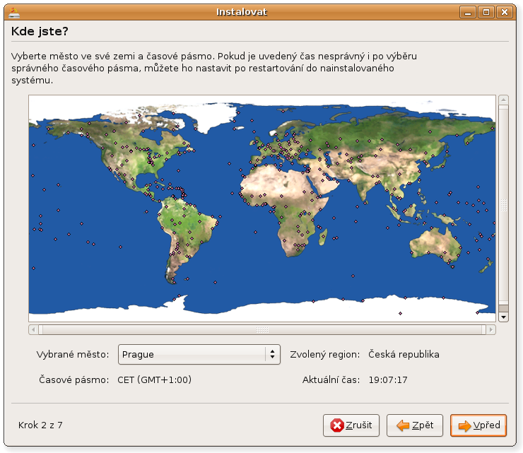 Kapitola 3. Instalace 14 Obrázek 3.2: První krok instalace výběr jazyka 3.3 Nastavení času Druhým krokem instalace je nastavení správného času a časového pásma.