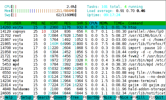 Kapitola 8. Práce v textovém prostředí 96 Obrázek 8.4: Textový editor Nano Htop Htop je jednoduchá, ale velmi užitečná aplikace monitorující spuštěné procesy.