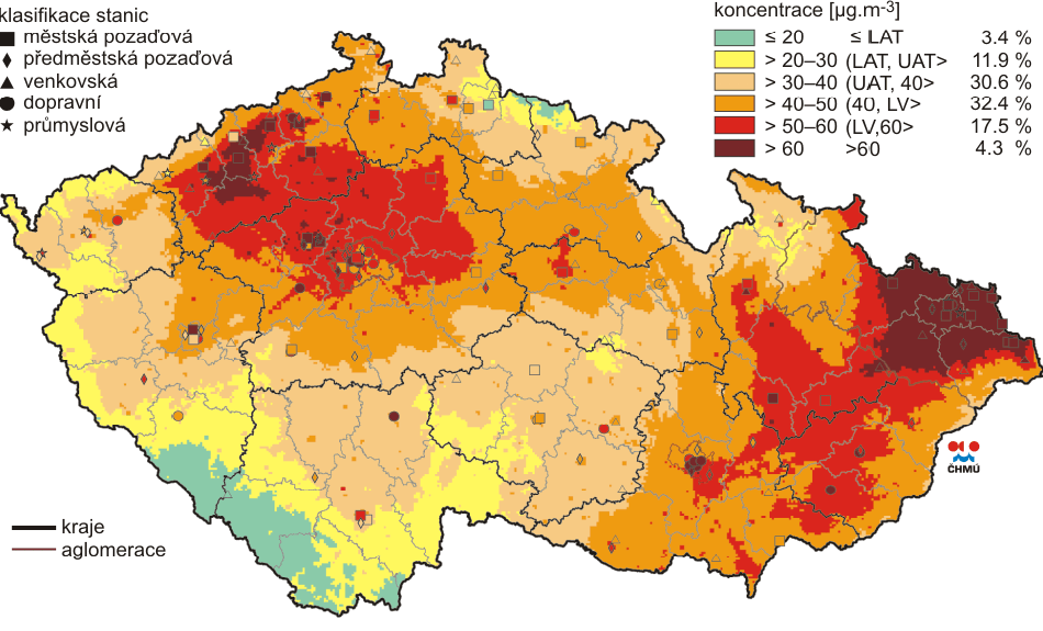 Tabulka 2.8: Přehled stanic s 24hodinovými koncentracemi PM 10 v roce 2012. Ukázka 50 stanic ze 120.