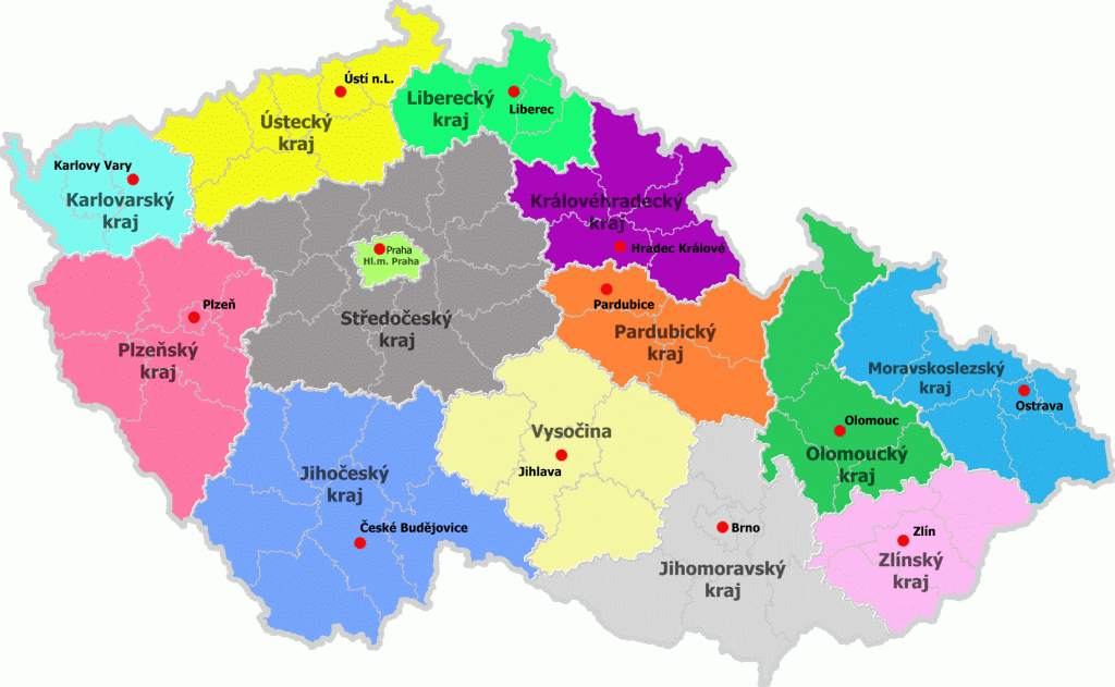 pouze s naznačenými kraji. Žáci v mapě názvy jednotlivých krajů označí sami (mohou poté použít atlas ČR a vyhledat v něm nejvýznamnější města jednotlivých oblastí atd.