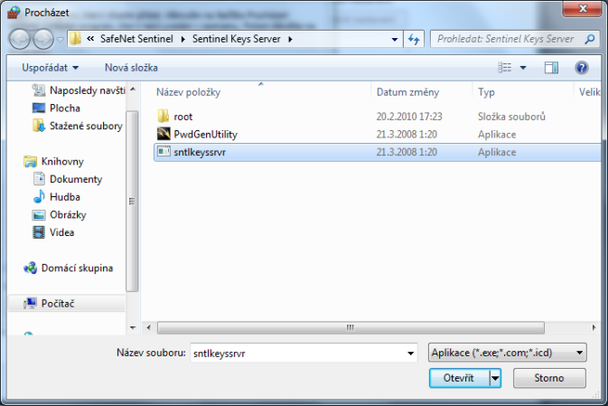 Zde pomocí tlačítka Procházet vyberte tento program: c:\program Files (x86)\common Files\SafeNet Sentinel\Sentinel Keys Server\sntlkeyssrvr.
