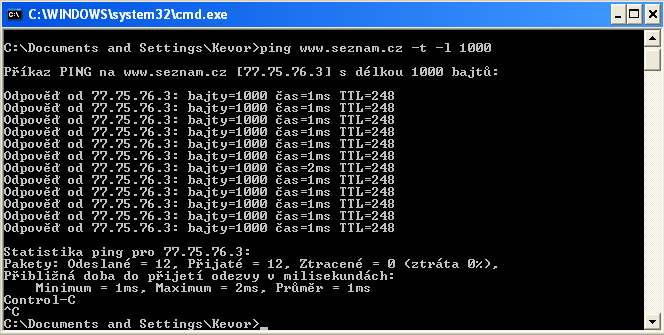 Obrázek 26: Ping na www.seznam.cz s 1000x většími pakety Provedl jsem test opakovaně, ale s 1000x většími pakety. Odezva se prakticky nezměnila, pouze 1 x z 12 měření byla odezva 2 ms, jinak vždy 1ms.
