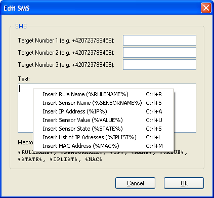 ! Volby Run Application a Play Sound lze aplikovat pouze pokud je přihlášen uživatel. 6: Send SMS (Local GSM Modem) Odeslání SMS až na tři telefonní čísla přes externí modem ModemCom/G10.