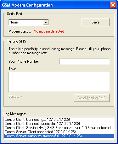 Local GSM Modem Global Settings Pro akci Send SMS (Local GSM Modem) je třeba na této záložce nadefinovat ke kterému portu počítače je připojen GSM modem.