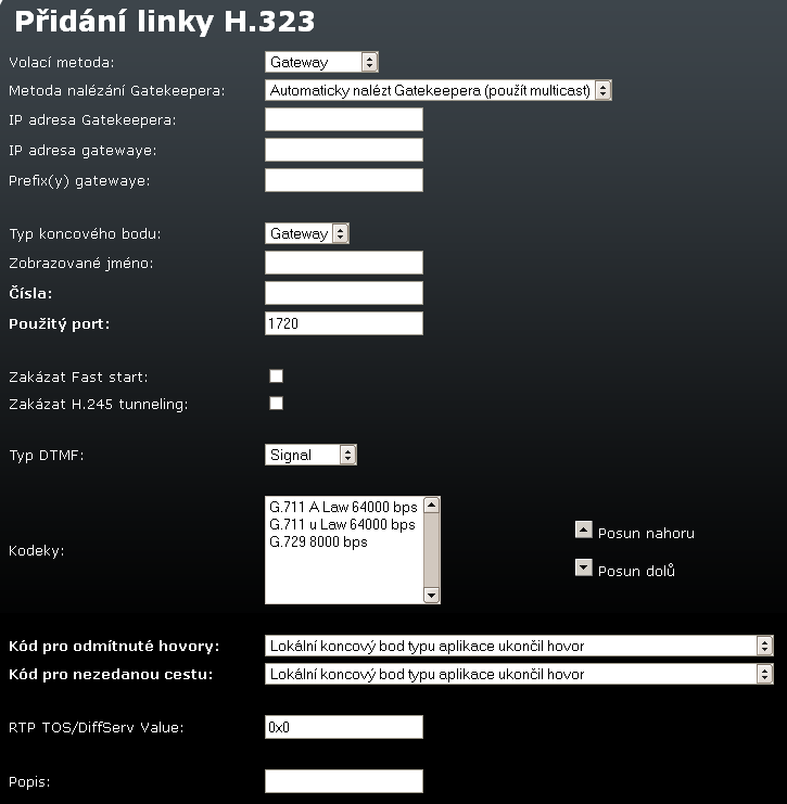 Hlasové služby 3.6 Obr. 3.36 Linka H.323 Volací metoda: způsob iniciování nového volání. Na výběr máme tři možnosti: 1. direct - volání s udáním plně kvalifikovaného síťového jména volaného, 2.