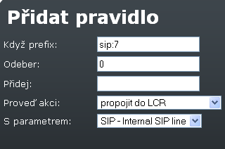 Hlasové služby 3.6 účastníka odebráním určitého počtu znaků zleva příp. přidáním nového řetězce na začátek identifikátoru (viz. sloupce Odeber a Přidej). Přidání nového pravidla: Na Obr. 3.67 je formulář, ve kterém se provádí nastavení parametrů směrovacích pravidel SIP proxy.