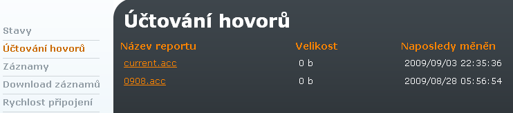 Stavy a záznamy 4.1 Registrace Informace o registrovaných SIP terminálech. Obr. 4.4 Stavy - Registrace Účtování hovorů Záznamy o uskutečněných hovorech se ukládají do souborů v textovém formátu.