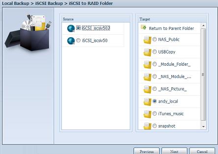 5. iscsi Backup (Zá lohová ní iscsi): Klepnutím na tlačítko iscsi Backup (Zálohování iscsi) se zobrazí následující obrazovka.