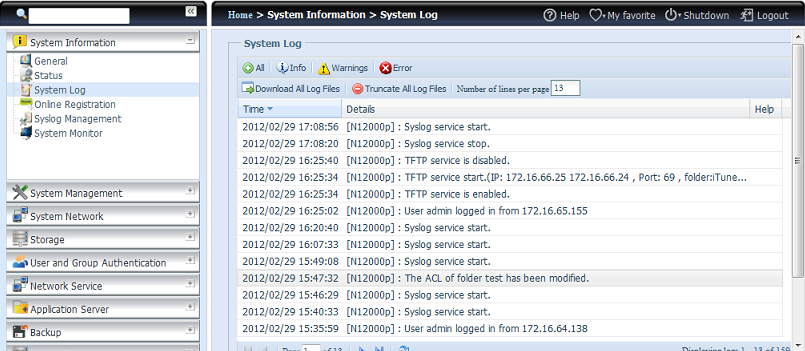 Service Status (Stav system) Položka Popis CPU Activity Zobrazuje aktuální zatíţení procesoru Thecus IP.