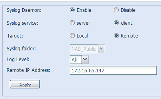 Syslog service Pokud vyberete volbu Server, budou do příslušné sloţky syslog (Sluţba syslog) ukládány všechny systémové protokoly ze všech dalších zařízení NAS, která mají přiřazen tento přístroj
