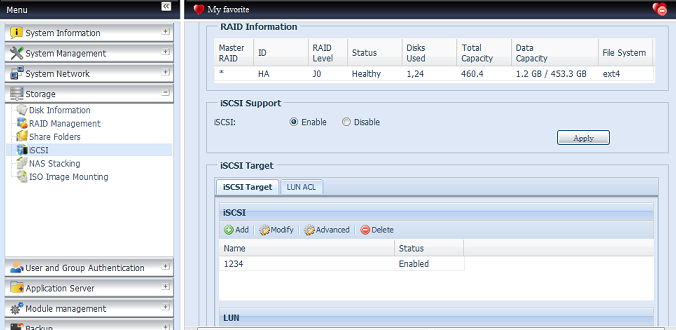 Cíl iscsi Cílový svazek iscsi přidáte klepnutím na iscsi po výběru příslušného svazku RAID z rozbalovacího seznamu.