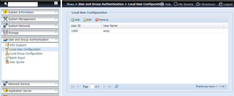 Local User Configuration (Konfigurace místního uživatele) Položka Popis Add (Přidat) Stiskem Přidat přidáte uţivatele na seznam místních uţivatelů.