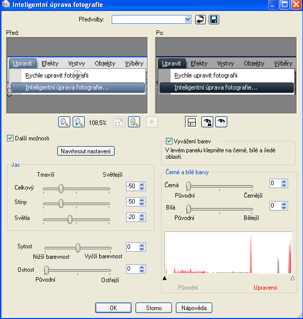 Obrázek 6 Menu - inteligentní úprava fotografie V levém horním podokně se zobrazí původní fotografie.