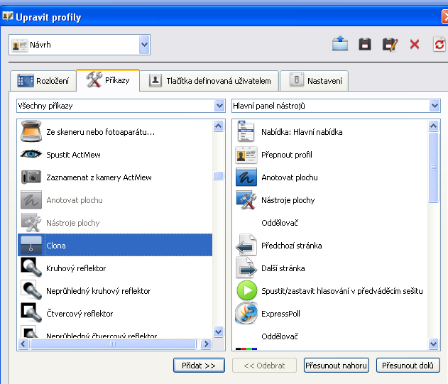 Do panelu nástrojů lze v řídícím panelu aplikace přidat i další nástroje, nebo
