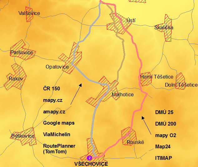 a) Hledání nejkratší (nejrychlejší) cesty Pro tuto analýzu byly vybrány dvě nejvzdálenější obce v mikroregionu Hranicko dostupné z datové vrstvy ArcČR 500.