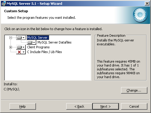 Pozor! Ve Windows XP se doporučuje instalovat do složky: c:\mysql! 5. Změna instalační složky serveru MySQL doporučená ve Windows XP 6.