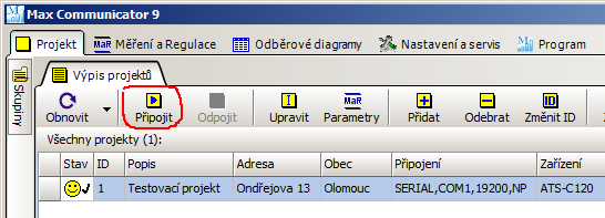 Po odkliknutí tlačítka Připojit se vydá pokyn serveru MAXCOMM, aby projekt aktivoval. Nejdříve dojde k otevření komunikačního portu a následně připojení k zařízení.