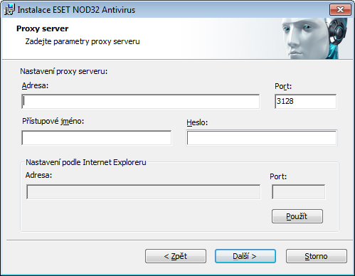 Klikněte na tlačítko Další pro nastavení připojení k Internetu. Pokud používáte proxy server, musí být v ESET NOD32 Antivirus správně nastaven, aby fungovaly aktualizace virové databáze.