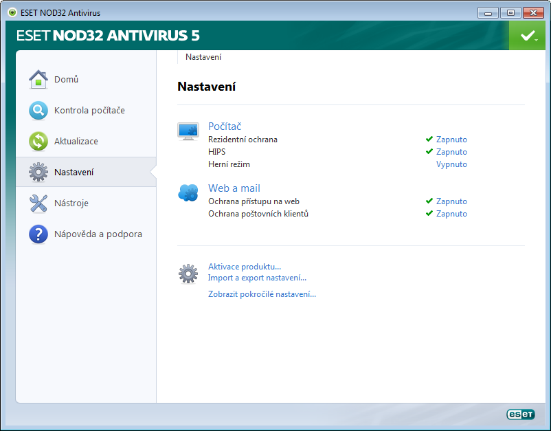 4. Práce s ESET NOD32 Antivirus Podrobná nastavení v ESET NOD32 Antivirus umožňují nastavit úroveň ochrany počítače.