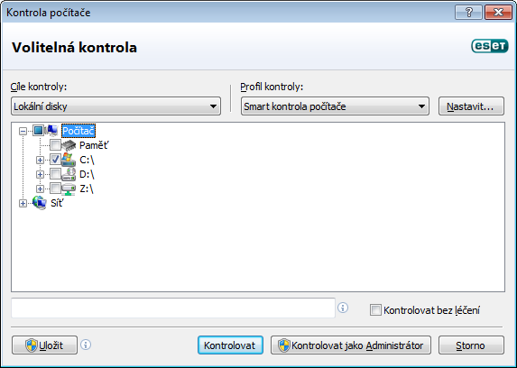 4.1.1.3.1 Typy kontroly 4.1.1.3.1.1 Smart kontrola Spuštěním Smart kontroly ( v nabídce Kontrola počítače) je možné zabezpečit kontrolu počítače prostřednictvím jednoho z definovaných profilů v