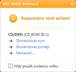 4.1.2 Vyměnná média - kontrola a blokování ESET NOD32 Antivirus poskytuje automatickou kontrolu výměnných zařízení.