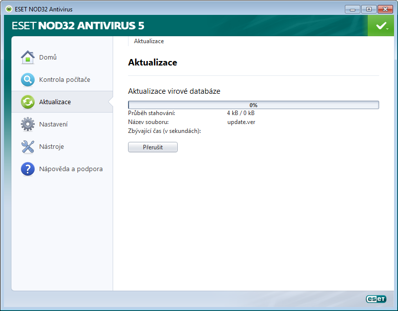 Průběh stahování. Po kliknutí na tlačítko Aktualizovat virovou databázi se spustí proces stahování ve kterém se zobrazí průběh stahování souboru aktualizace a zbývající čas do konce.