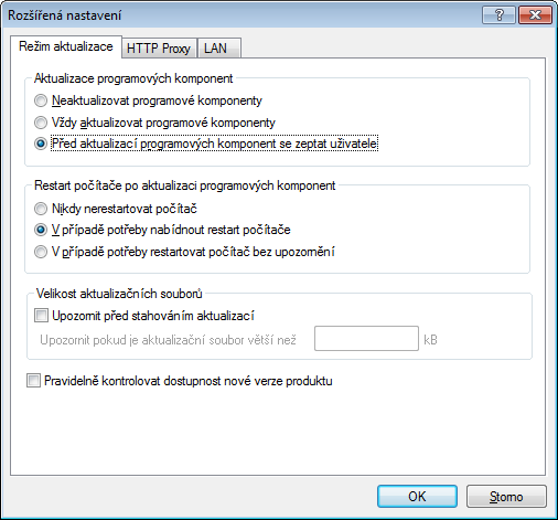 4.3.1.2.1 Režim aktualizace V záložce Režim aktualizace se nachází nastavení související s aktualizací programových komponent (PCU).