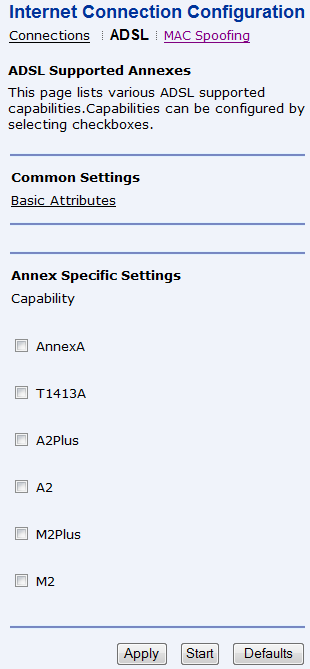 Volba ADSL Configuration (ADSL konfigurace) Záložka ADSL je určena pro konfiguraci základních a rozšířených ADSL parametrů.