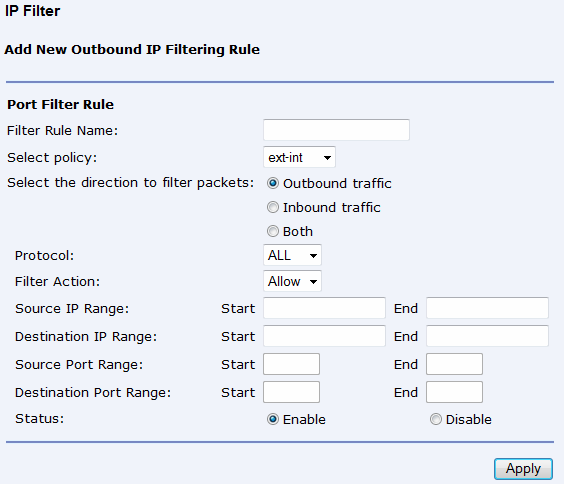 Globální nastavení IP filtru: Do položky Filter Rule Name zadejte jméno pravidla filtrování. Dále je nutné zvolit Filter policy: o Volba ext-int definuje směr toku dat mezi portem WAN a porty LAN.