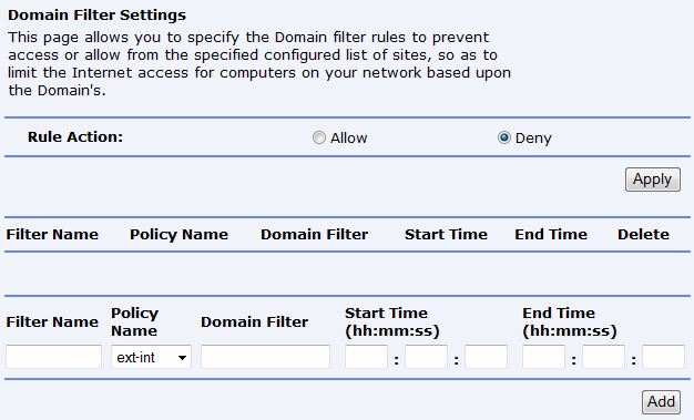 Submenu Domain Filtering (Filtrování domén) Nastavení doménového filtru: Kliknutím na kolonku Allow nebo Deny a potvrzením na tlačítko Apply specifikujete nastavení pravidla pro doménový filtr.